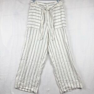 H by Halston Women's 100% Linen Wide Leg Pants Blue Off White Stripped Size 10